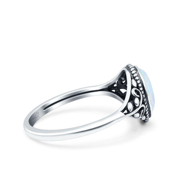 Vintage Style Oval Petite Dainty Ring Solid Oxidized Lab Created White Opal 925 Sterling Silver